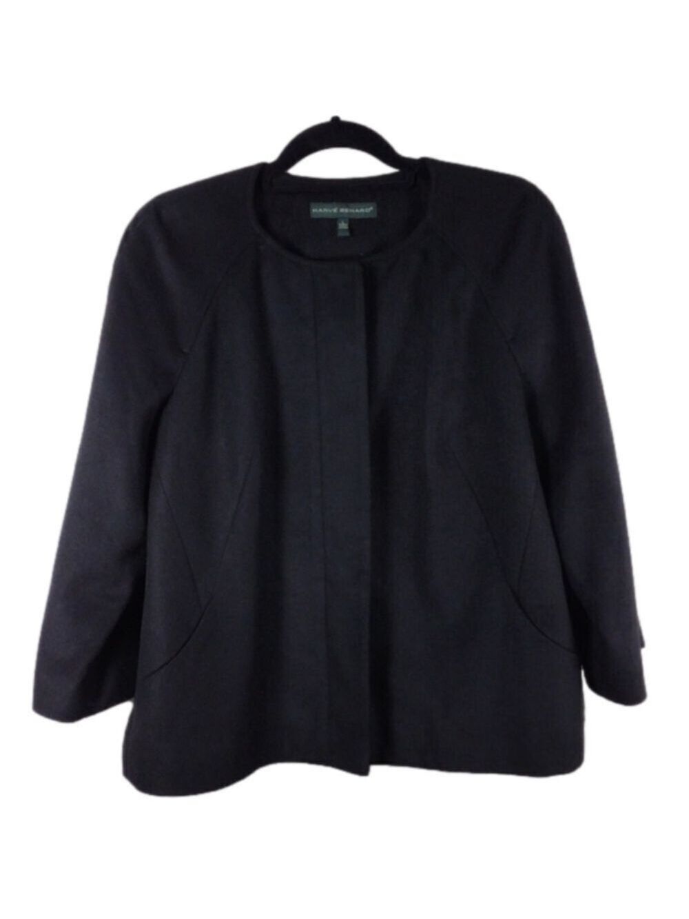 Harve Benard Black Faux Wool Round Collar 3/4 Sleeve Zip Front Cropped Jacket